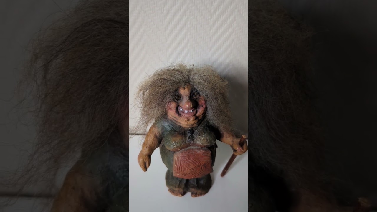 Vintage Norwegian Trolls, Nyform Troll, Collectible Figurine, troll woman with a walking stick.