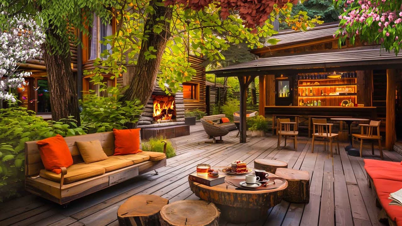 🌸Spring Porch with Cherry Blossoms in Garden Ambience | Smooth Jazz Music and Gentle Morning Coffee
