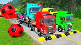 Double Flatbed Trailer Truck vs Speedbumps Train vs Cars  Tractor vs Train Beamng Drive