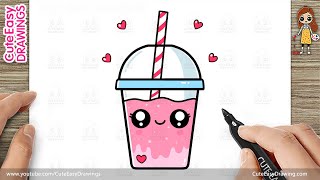 how to draw a cutekawaii strawberry drink cute easy drawing for kids step by step