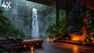4K Spring🌸Forest Room with Waterfall View- Fire, Birdsong & Waterfall Sound for Sleeping, Meditate