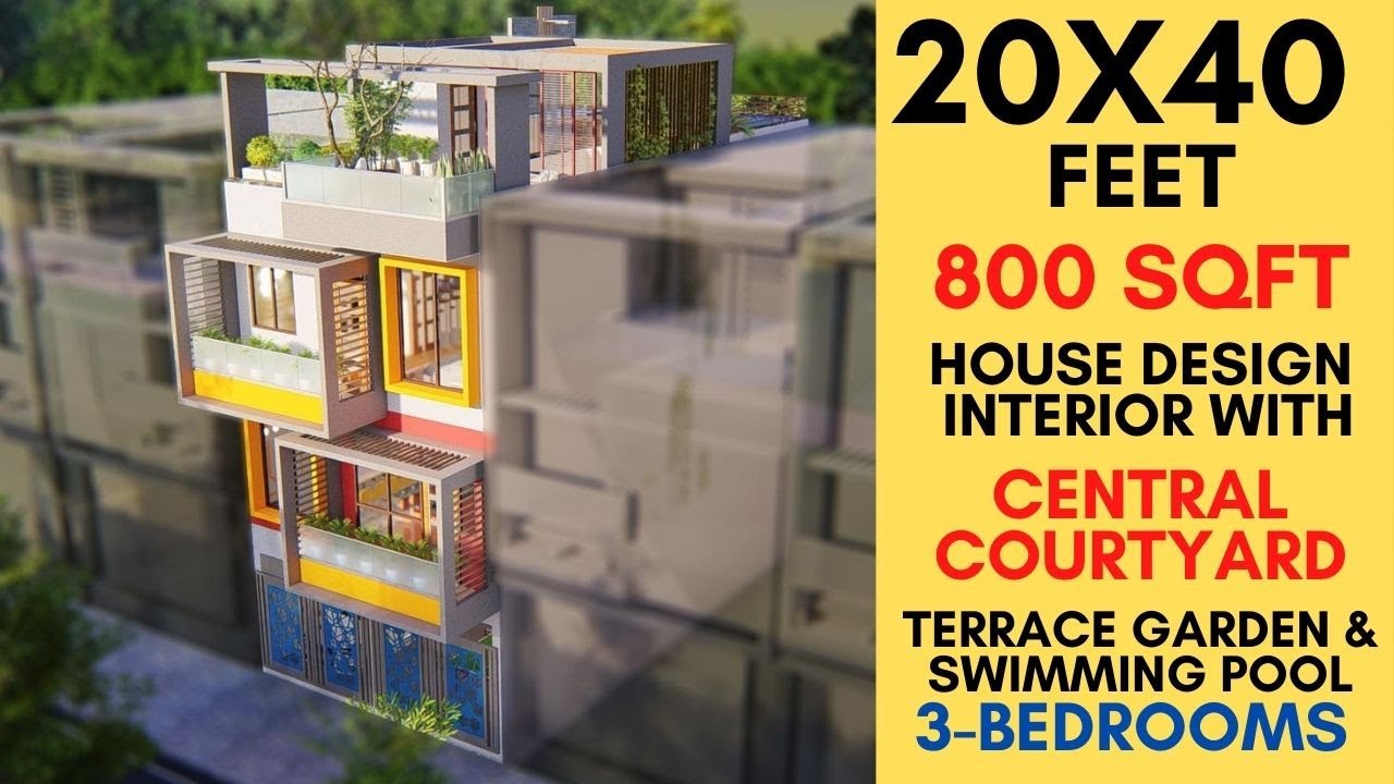 Небольшая вилла 20x40 футов с роскошным центральным двориком и террасой с бассейном | Стол T.T в ...