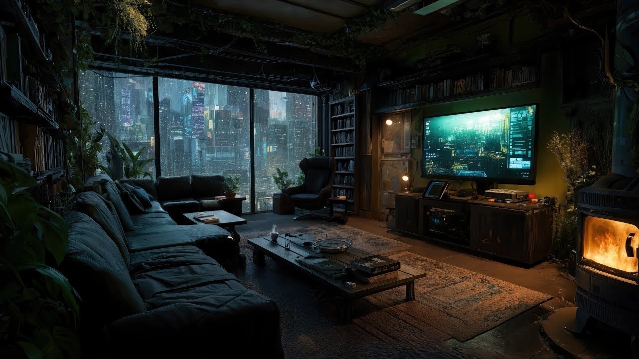 Warm Light, Quiet Room – Fireplace & Rain Ambience with Light Distant Thunder (No Music)