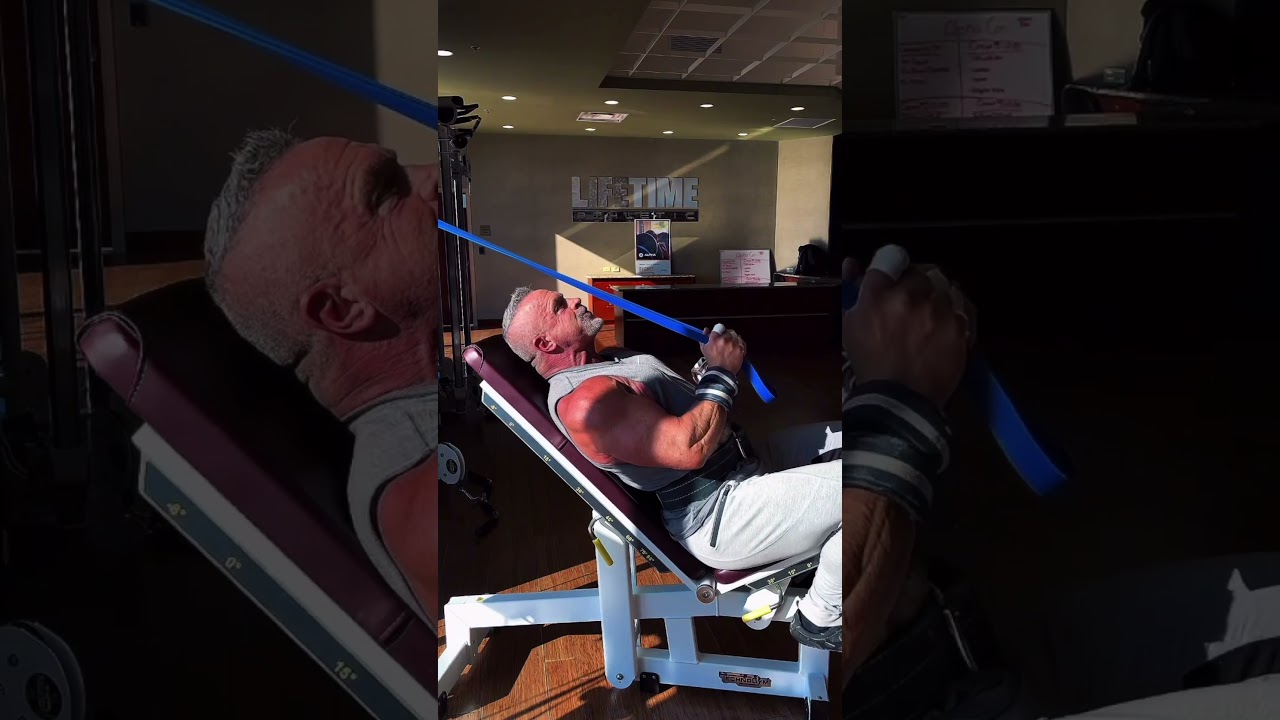 Tricep extensions on an incline bench, using a resistance band is a great way to lock in
