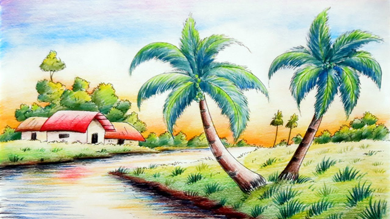 Landscape Drawing in Colour Pencil Shading & Sketching Guide for