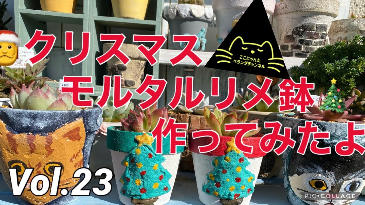 モルタルデコ 鉢】【クリスマスツリーリメイク鉢】【猫顔リメイク鉢