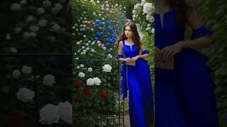 luxury and glamor, a beautiful girl in a blue dress around the garden, flowers, rose flowers grow, i