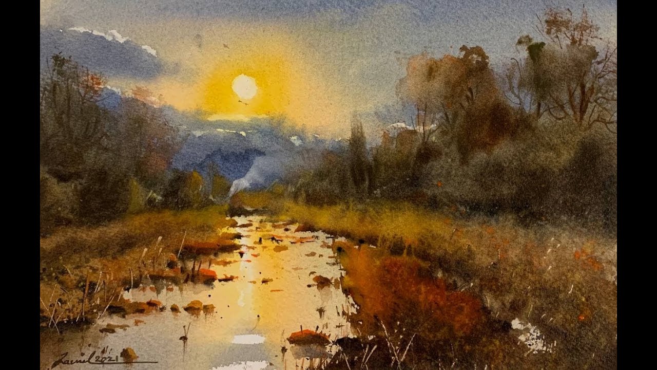 How to paint landscape in watercolor painting demo by javid tabatabaei