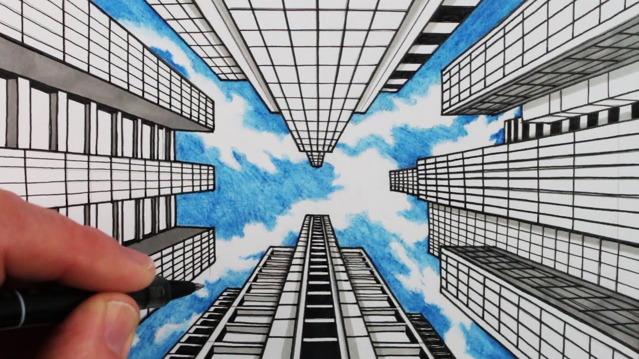 How to Draw 1-Point Perspective: Draw Buildings and Sky - YouTube