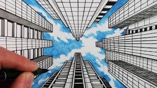 How to Draw 1Point Perspective: Draw Buildings and Sky