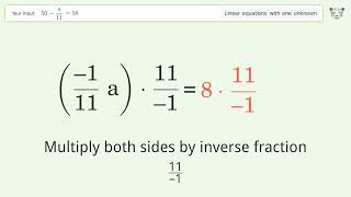 Linear equation with one unknown: Solve 50-a/11=58 step-by-step solution