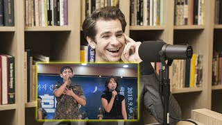 Andrew Garfield's reaction to V BTS video reading poetry in English in the military