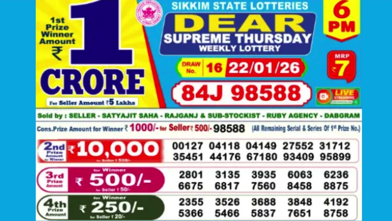 DEAR SUPREME THURSDAY WEEKLY LOTTERY TODAY RESULT 6 PM 22/01/26