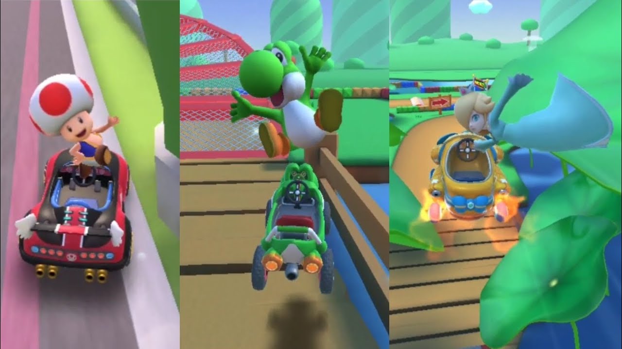 Toad, Yoshi, and Rosalina at RMX Donut Plains 1T/1RT and N64 Royal Raceway R Mario Kart Tour