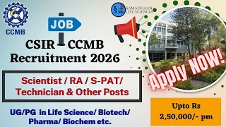 CSIR-CCMB Recruitment 2026 🔥 Scientist, RA, Technician | UG/PG | Upto ₹2.5 Lakh PM