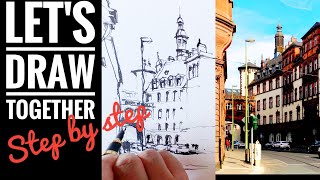 Let’s draw together step by step/Urban sketch/Easy way to get started