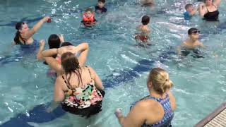 Bucket filling relay race for family & children's Aquatic Fitness and game nights. Pool party game