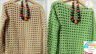 #كروشيه#طريقة_عمل_بلوزة_تريندي_سهلة لكل المقاسات بالتفصيل تكرار سطرين 2 بس  Crochet trendy blouse