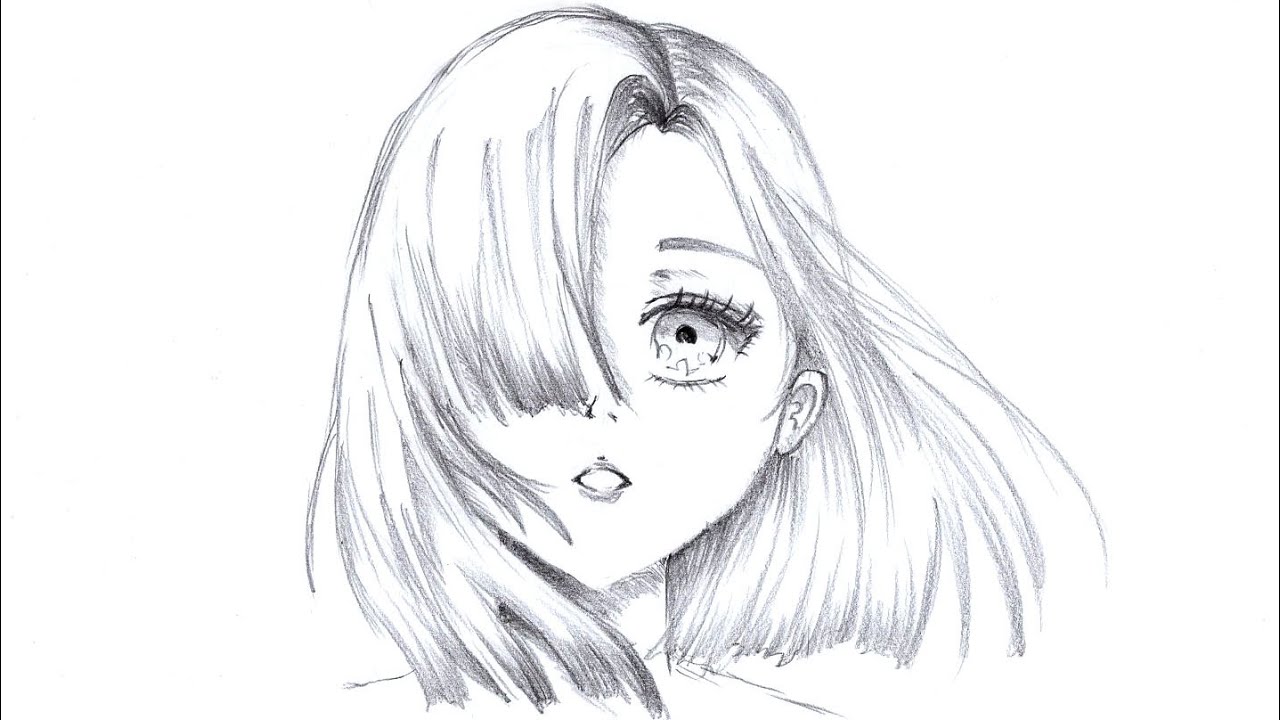 Desen in creion cu o fata anime cu par pe ochi | How to draw a cute ...