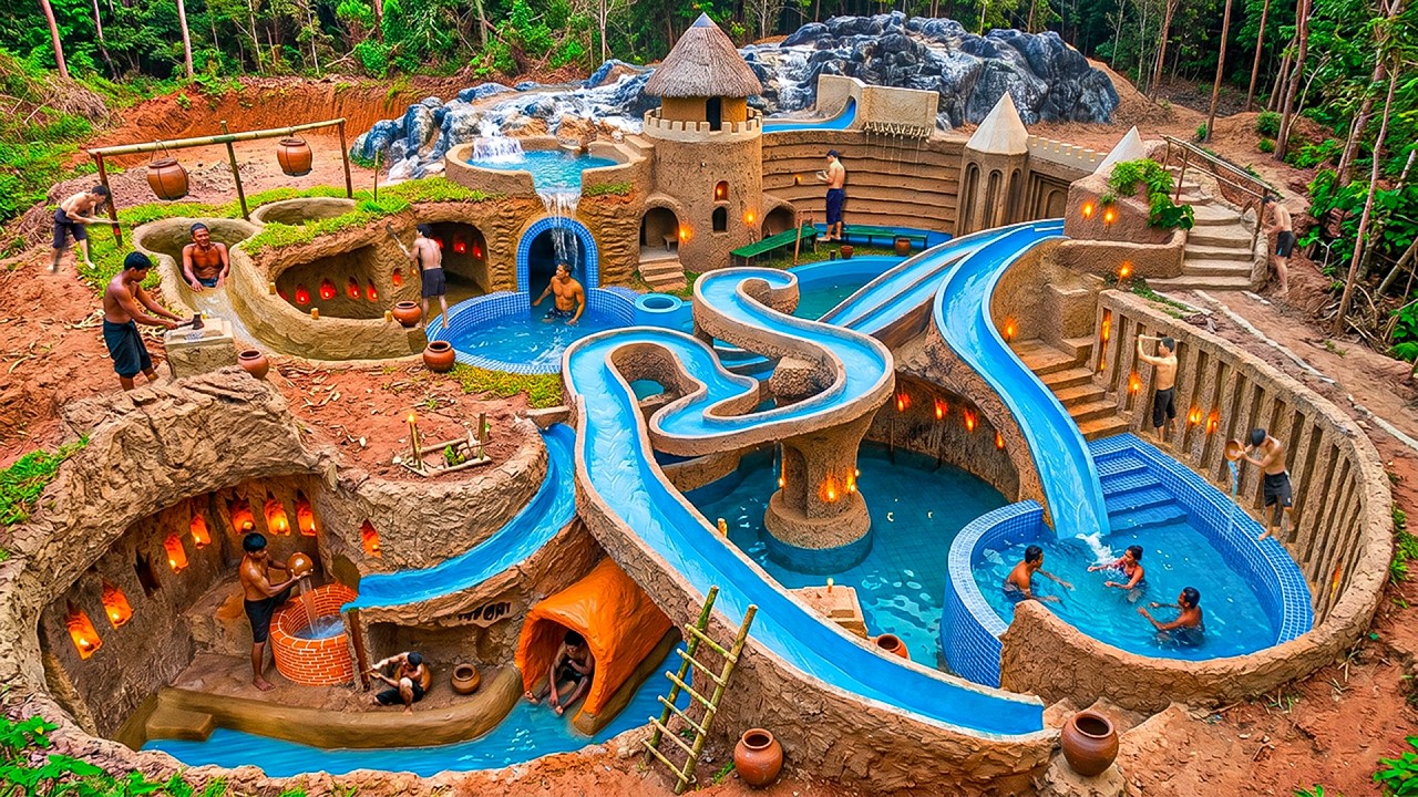 Castle Primitive Building Massive Clay Castle Complex with Underground Cave Pool on ...