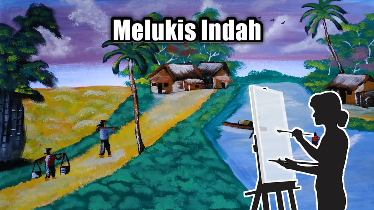 Pelukis gambar indah alam warna biru dan pink ☺🌿🌳🍃 - YouTube