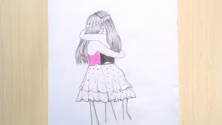 How to draw two friends hugging each other. [تعلم رسم صديقات]. İki arkadaşın birbirinin kollarında.
