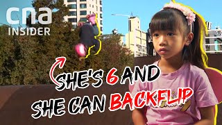 Tiny 6YearOld Skater Backflips Off Ramps Three Times Her Height