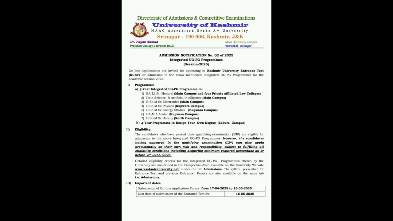 Kashmir University Entrance Test (KUET) 