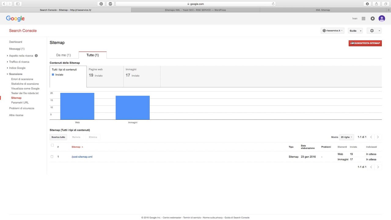 come inviare la sitemap a search console youtube