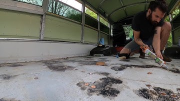 School Bus Conversion // Day Seven // Sealing Floor Holes with Pennies