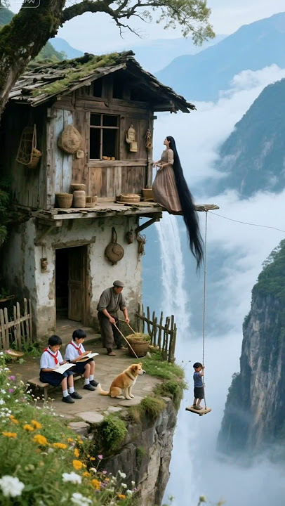 脚下是万丈深渊，“15口之家”的悬崖人生。小狗在院坝里散步，孩子们在快乐地玩耍，云雾漫过山野时，时间仿佛还停在《边城》的年代。 #怀旧 #8090回忆杀 #田园牧歌