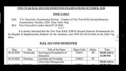 B Ed II SEMESTER EXAM SCHEDULE OCTOBER/NOVEMBER 2020 | VIKRAMA SIMHAPURI UNIVERSITY