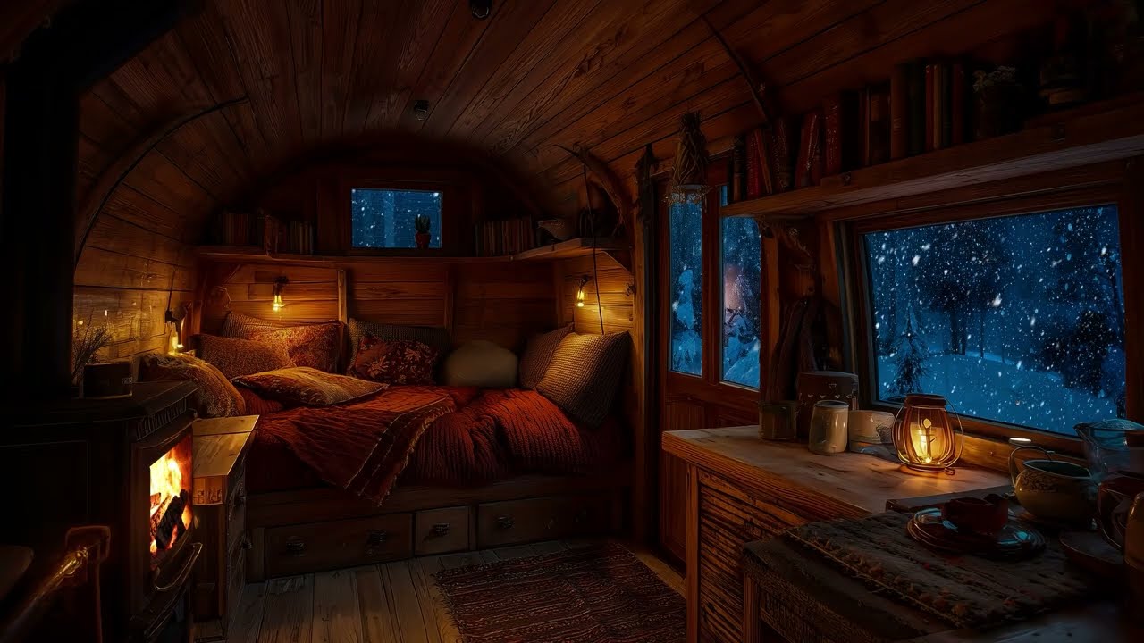 Cozy Cabin Van At Snowstorm Night - Soft Fireplace Sounds and Snowfall Outside for Deep Sleep
