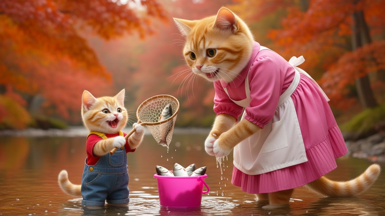 🐱💦 From Playful Paws to Proud Moments: A Kitten’s First Fishing Lesson with Mom 💖