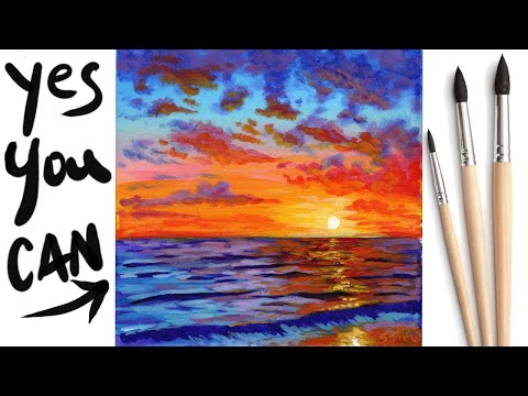 SUNSET OCEAN Beginners Learn to paint Acrylic Tutorial Step by Step Day 21 #AcrylicApril2021