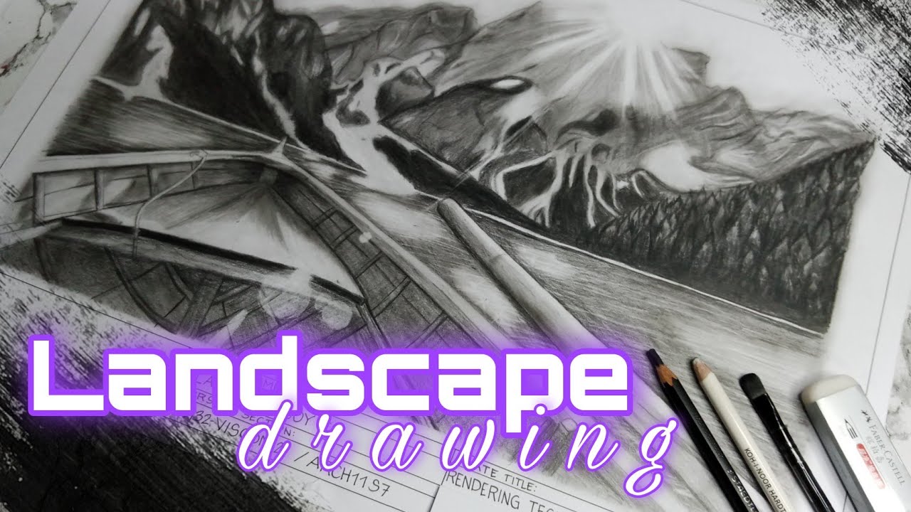 LANDSCAPE DRAWING using Charcoal Pencil & Charcoal Powder (Rendering ...