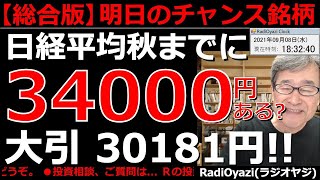 【明日のチャンス銘柄(総合版)】日経平均は連日の上昇。今日は３万円を超えて引けた。終値の３万円超えは10回目で、４月５日ぶりのこと。チャート分析から、この後の投資チャンスを探る。ラジオヤジの相場解説。