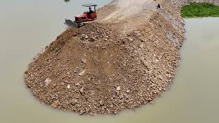 Amazing3Project Bulldozers Creating a New Road on a Large River Spreading by Truck and Pushing Soi