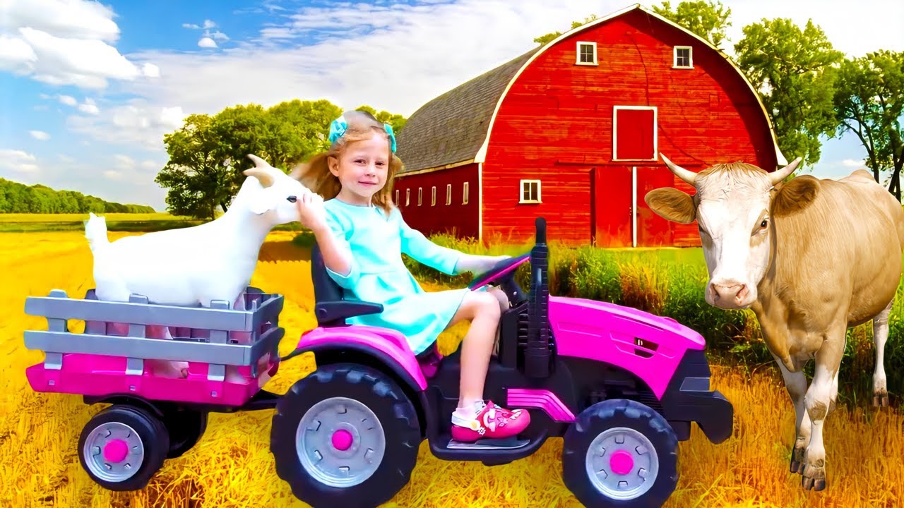 ناستيا تتظاهر باللعب في مزرعه مع جرارات وحيوانات المزرعة لعب للأطفال