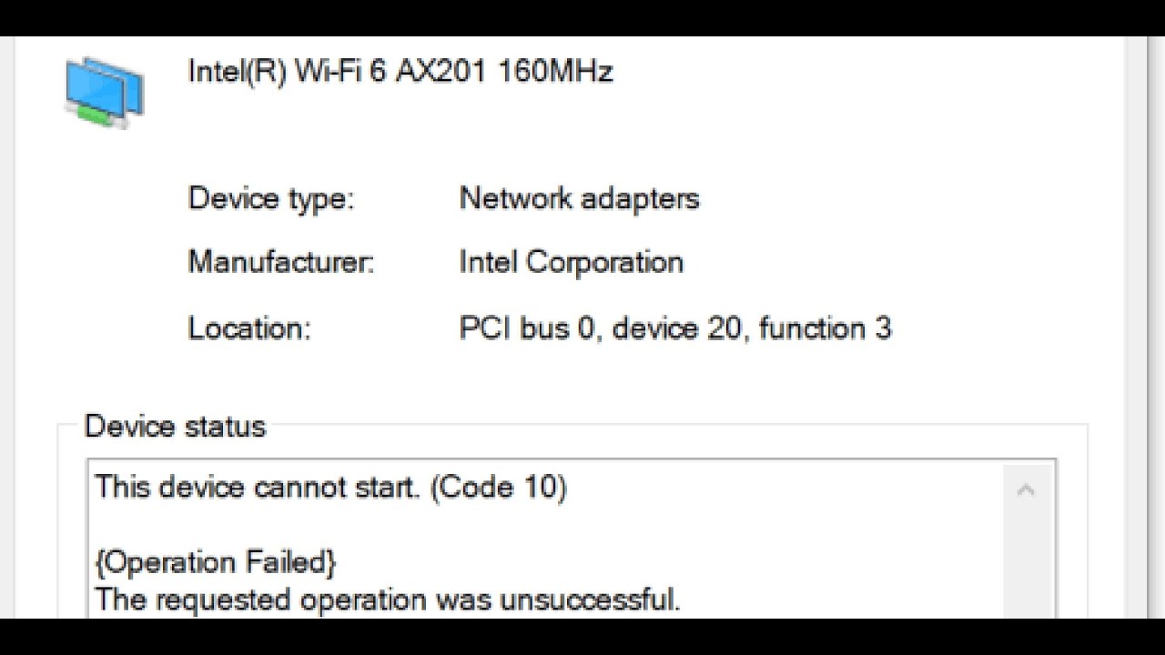 Fix Intel WIFI 6 AX201 160 MHz Adapter Not Working Error