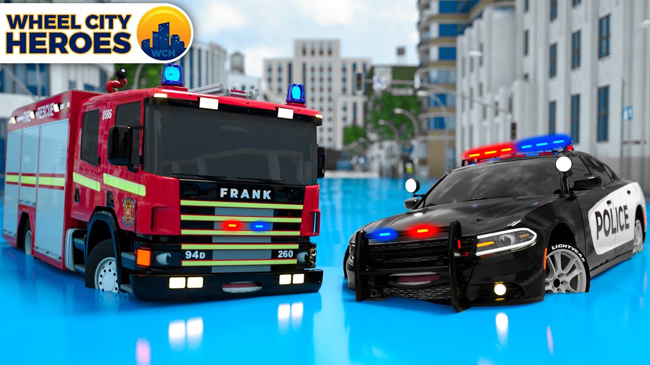 Fire Truck and his Partner Police car Save Cars from Flooding Wheel