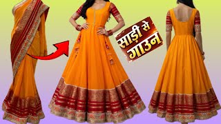 Latest designer gown from saree full tutorial step-by-step ￼