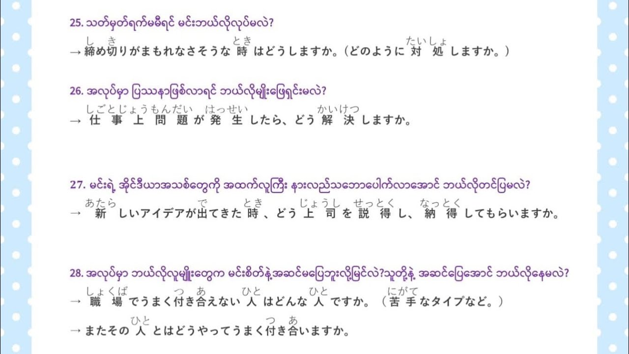 Common Japanese Interview Questions - ဂျပန်အင်တာဗျူးမေးခွန်းများ