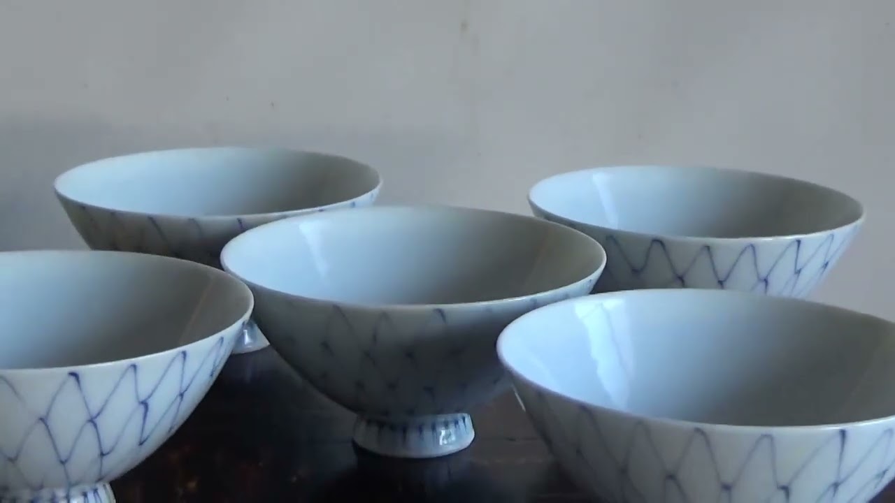 明治 大正時代 染付網手紋茶碗 網目 古伊万里 古染付 有田 酒杯 吉祥