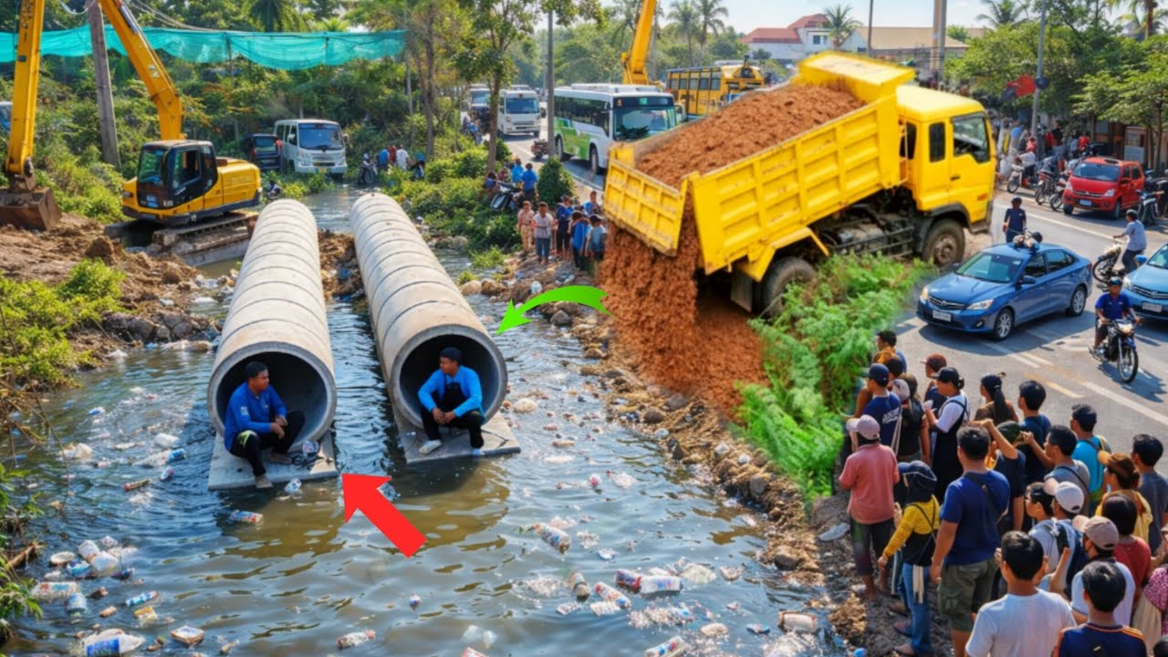 Amazing New Complete Soil And Delete Drainage PROJECT! 5 T Dump Truck Unloading Soil& Bulldozer Push