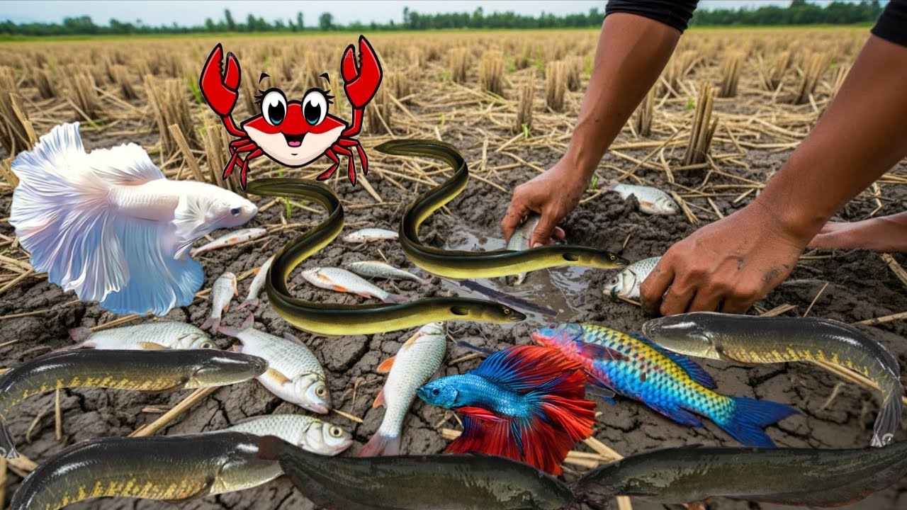 Catch beautiful Rice field Fish in small.big fish Betta.Eel baby Crab and other insects