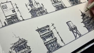 Drawing Japanese buildings in my sketchbook with Ink Pens