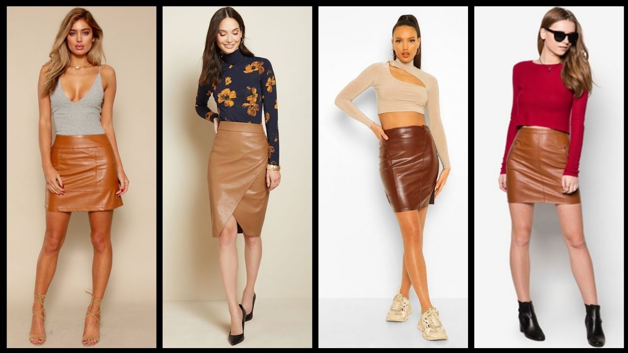 Faux Brown Leather skirts design & outfit ideas || leather skirts ...