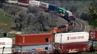BNSF Four Diesels power a Double stack container rake at Tehachapi Loop in California