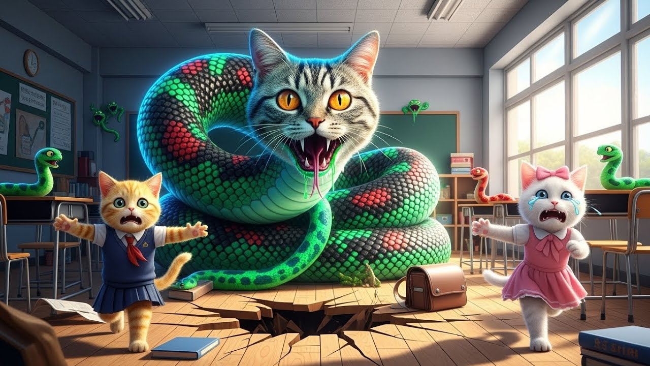 A Giant Neon Cat-Head Snake Invaded the Classroom – Kittens Fled in Terror!